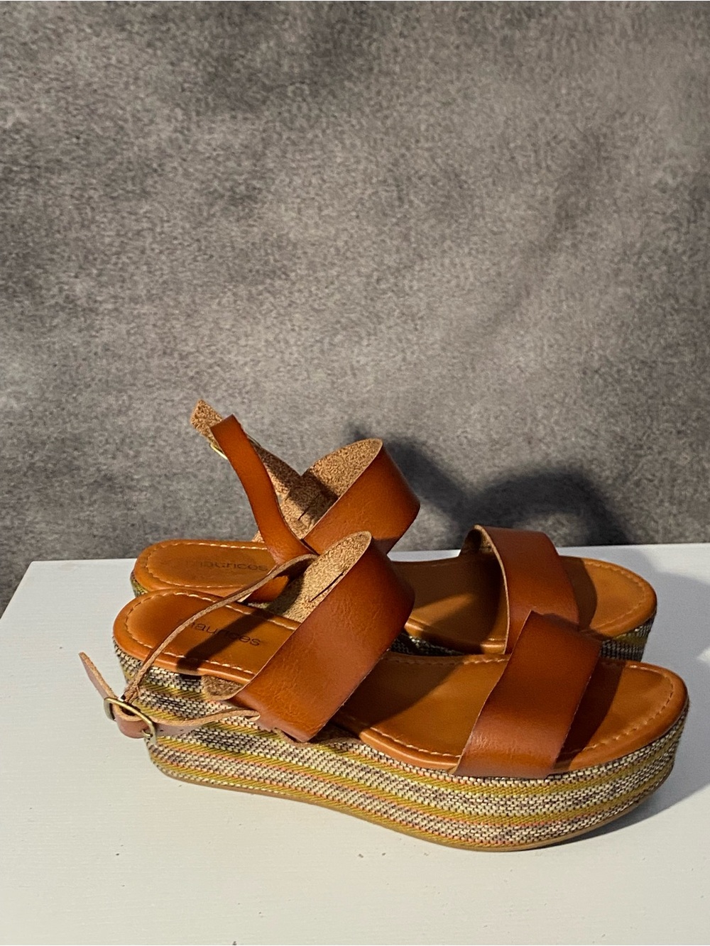 Maurices Women’s Striped Platform Wedge Sandals Brown Honey Ankle Strap Size 9M